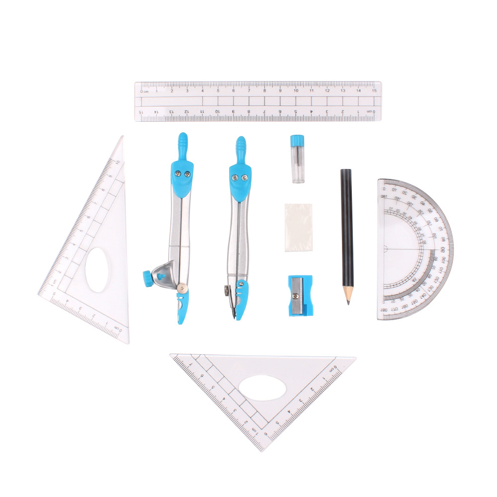 10-Piece Student Metal Compass Set Student Children Drawing 10-Piece Set Compasses Ruler Set Wholesale