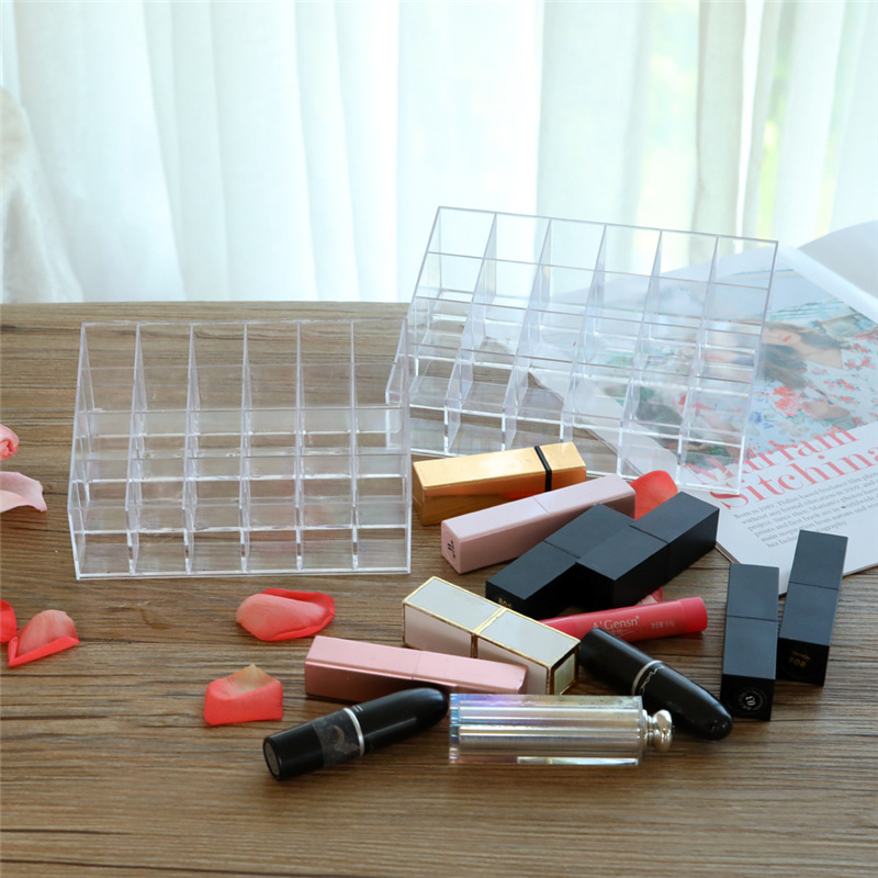 Acrylic Transparent Nail Polish Eyebrow Pencil Display Stand Makeup Plastic Cosmetics Storage Box Desktop 24 Grid Lipstick Stand