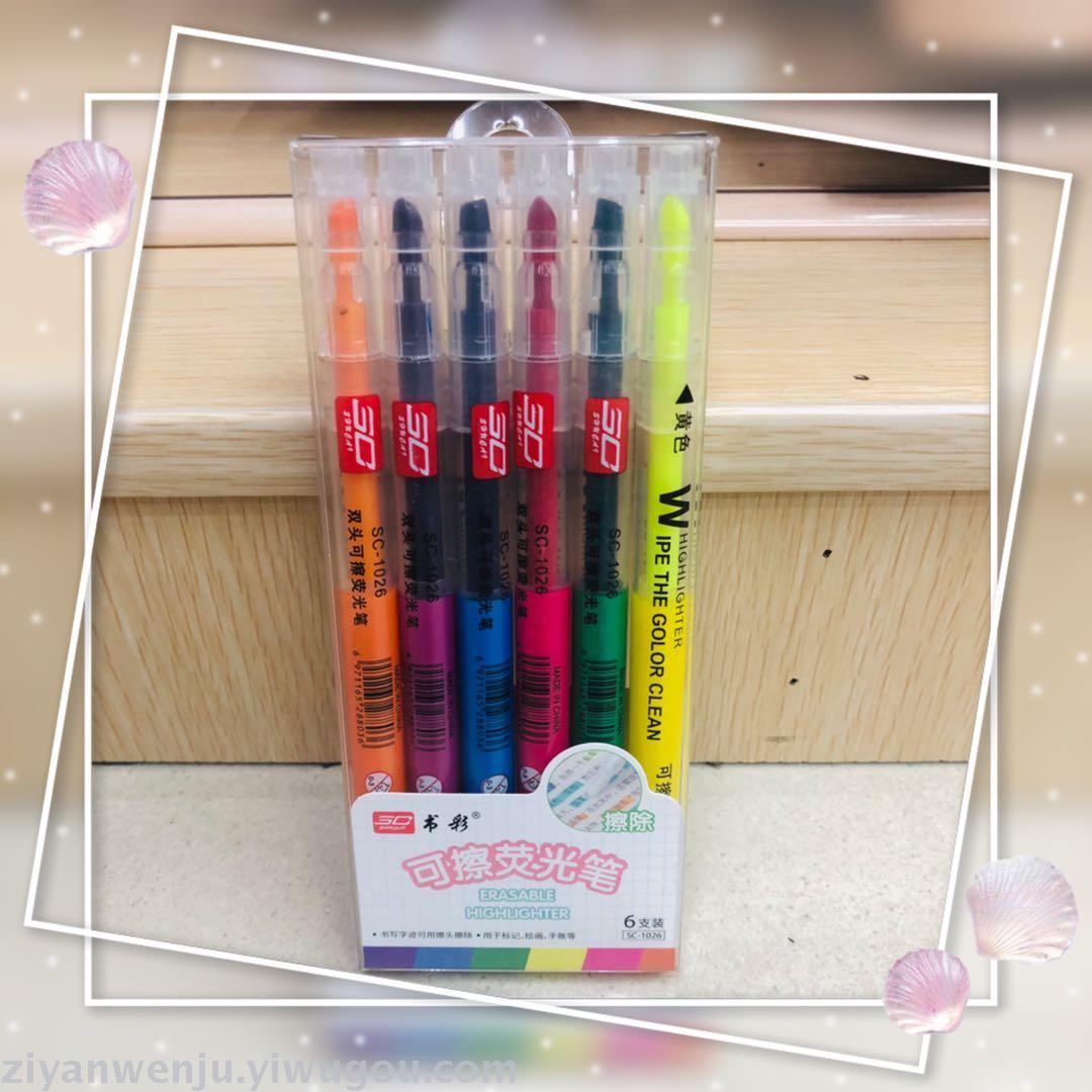 Double - ended highlighter can be written on one end and 6 - color pen on the other