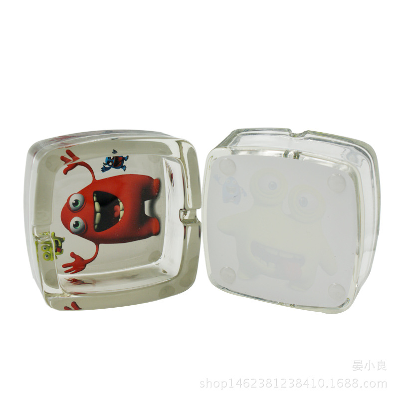 Foreign Trade Supply Glass Ashtray Cartoon Sticker Square Ashtray with Groove Mouth Mixed Picture Spot