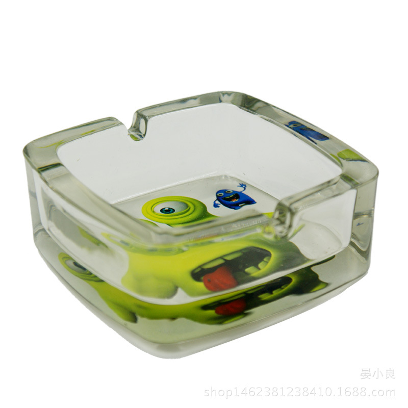 Foreign Trade Supply Glass Ashtray Cartoon Sticker Square Ashtray with Groove Mouth Mixed Picture Spot
