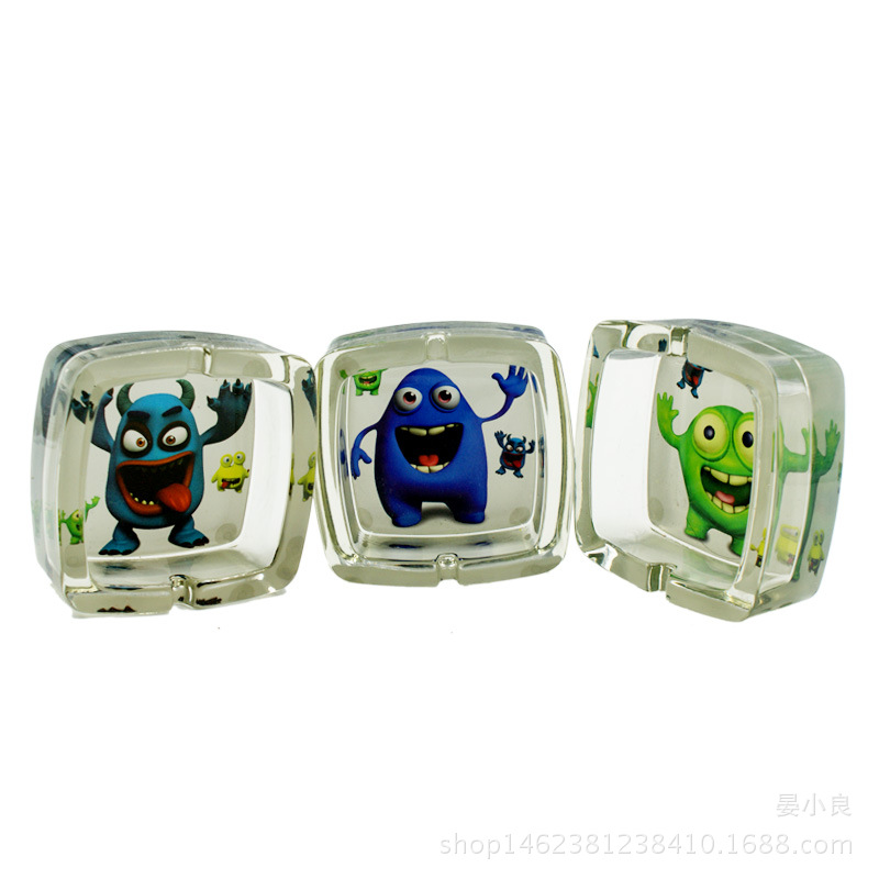 Foreign Trade Supply Glass Ashtray Cartoon Sticker Square Ashtray with Groove Mouth Mixed Picture Spot
