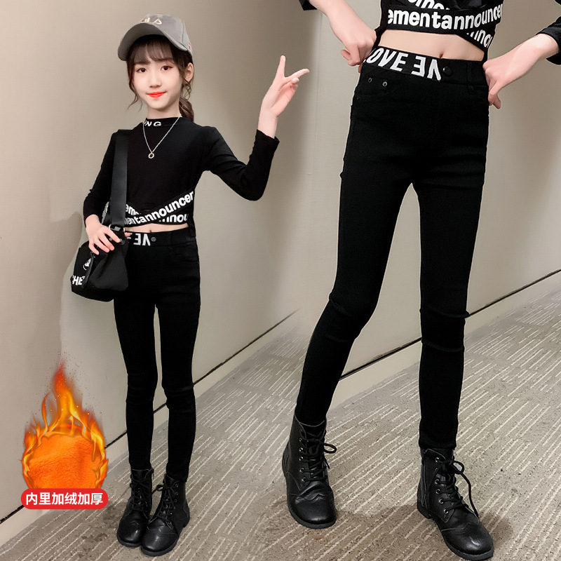 Girls&#039; Fleece-Lined Thickening Tapered Pants 2021 New Autumn/Winter Fashionable Slim Fit Elastic Outerwear Leggings Pencil Pants