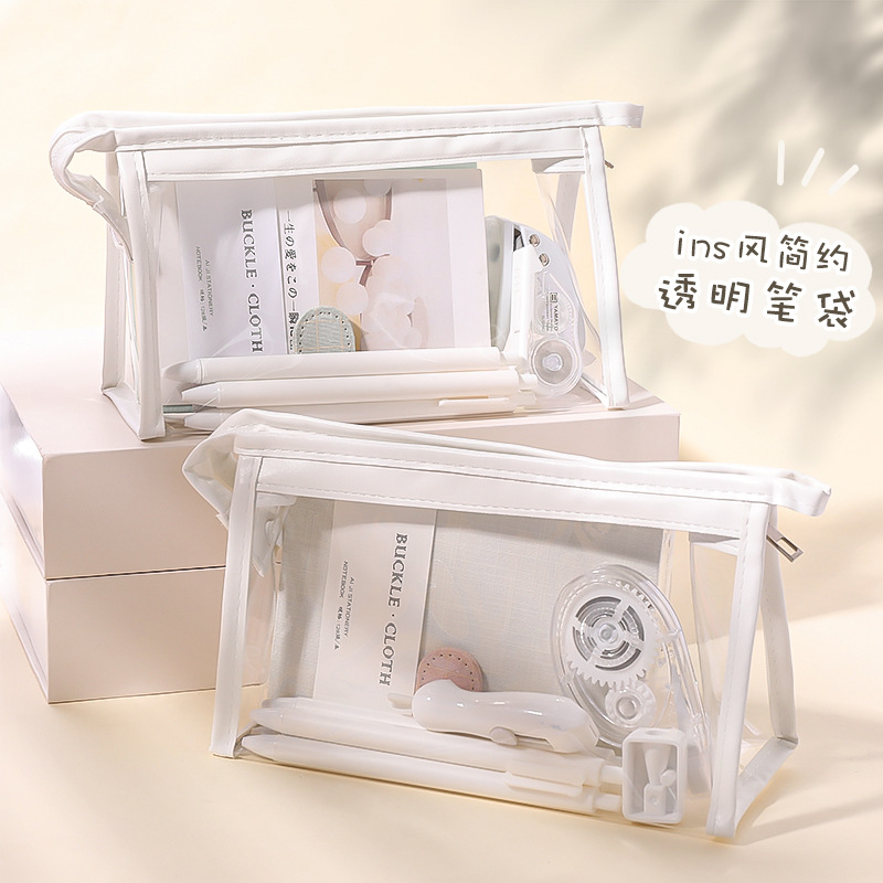 Cartoon Transparent Pencil Case Girls&#039; Large Capacity Storage Bag Women&#039;s Simple High School Primary School Student Japanese Triangle Cosmetic Bag
