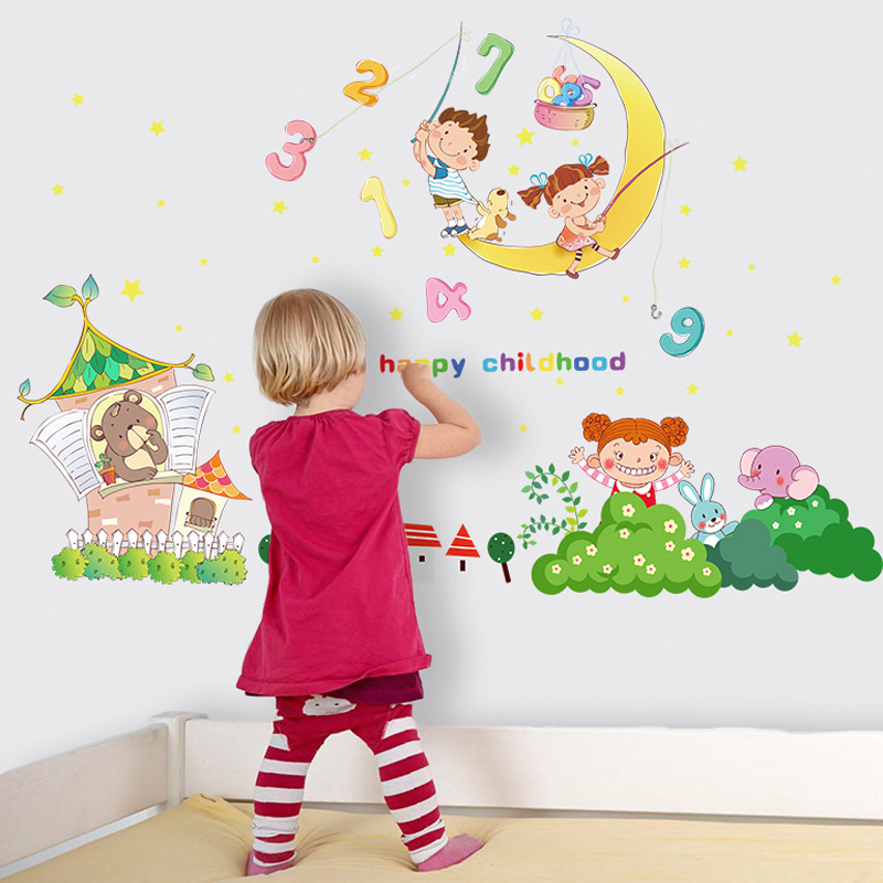 New Children&#039;s Room Cartoon Wall Stickers Wholesale Animal Moon Baby Bedside Decorations Sticker Painting