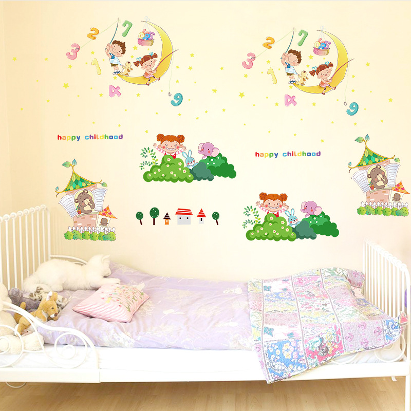 New Children&#039;s Room Cartoon Wall Stickers Wholesale Animal Moon Baby Bedside Decorations Sticker Painting