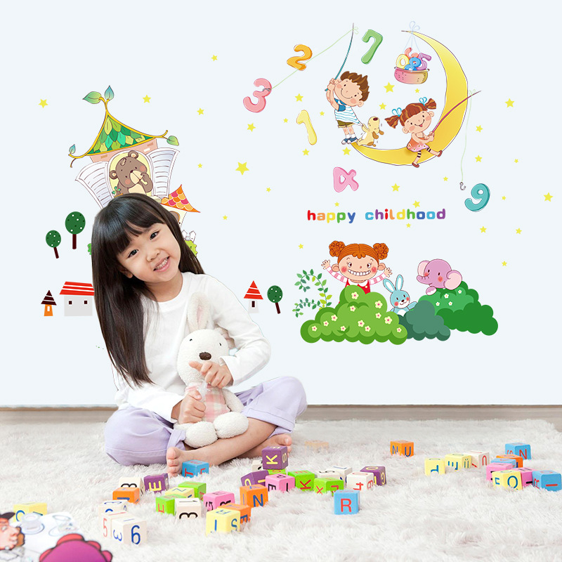 New Children&#039;s Room Cartoon Wall Stickers Wholesale Animal Moon Baby Bedside Decorations Sticker Painting