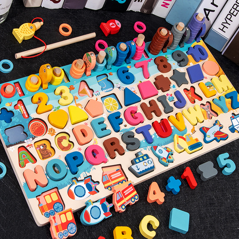 Numbers Letters Traffic Numbers Board Children Intellectual Power Development Puzzle Blocks Early Childhood Education Teaching Aids Fishing Toys