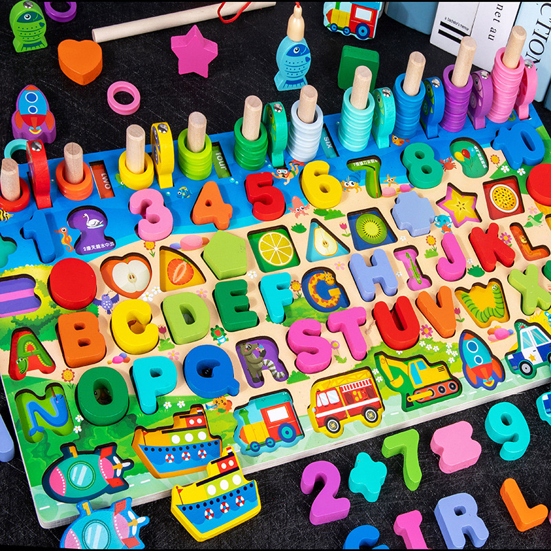 Numbers Letters Traffic Numbers Board Children Intellectual Power Development Puzzle Blocks Early Childhood Education Teaching Aids Fishing Toys