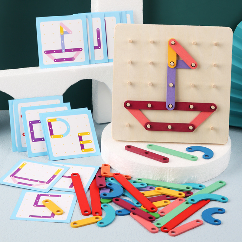 Wooden Nail Board Teaching Aids Cross-Border Montessori Creative Geometry Nail Board Puzzle Kindergarten Early Childhood Educational Toys Wholesale