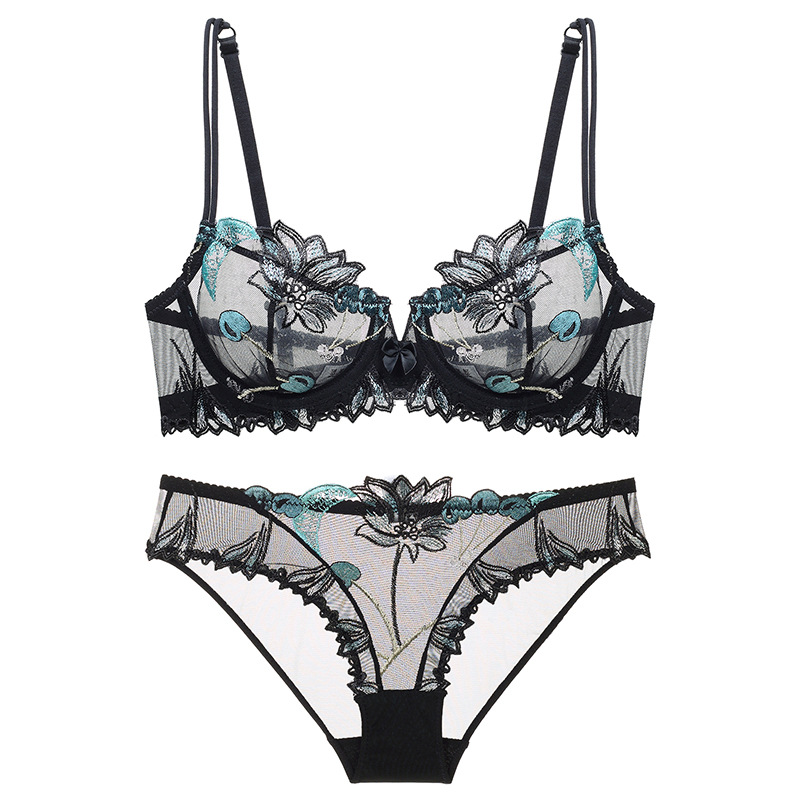 Embroidered Ultra-Thin Transparent Women&#039;s Summer Big Chest Sexy Lace Lingerie Bra Breathable Push up plus Size Flower Bra Set