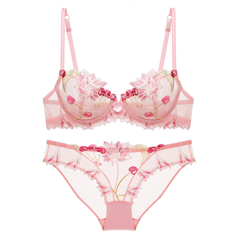 Embroidered Ultra-Thin Transparent Women&#039;s Summer Big Chest Sexy Lace Lingerie Bra Breathable Push up plus Size Flower Bra Set