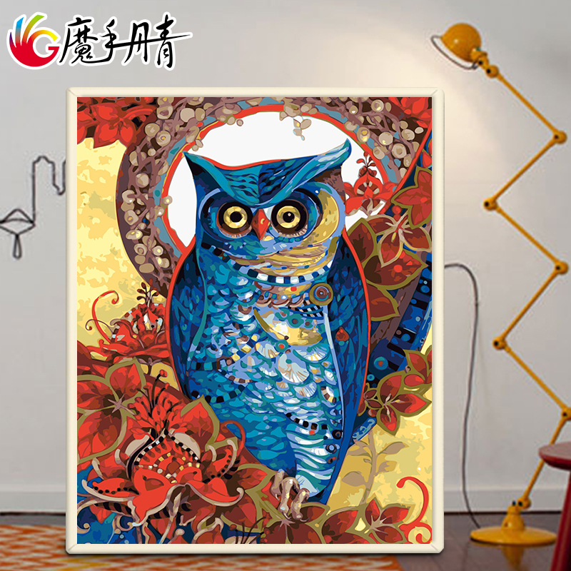 Diy digital oil painting home decoration hand-painted Foreign trade balance painting Manual color Filling Cartoon Blue Owl