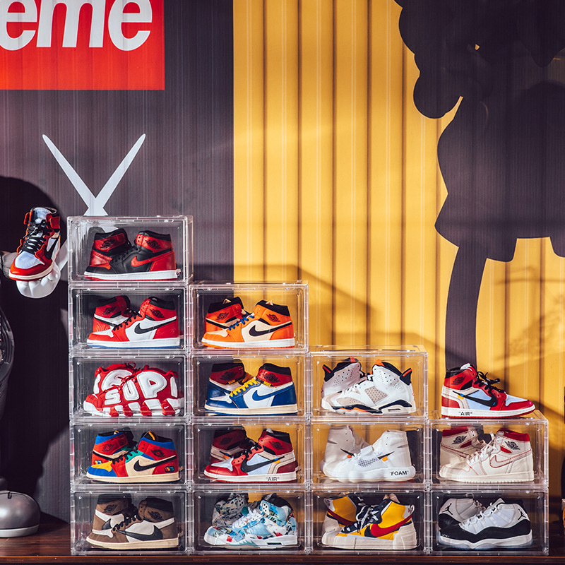 Magnetic-Suction Home High-Top Basketball Shoe Box Moisture-Proof Dustproof Plastic Acrylic Transparent Storage Shoe Box Display Shoe Cabinet