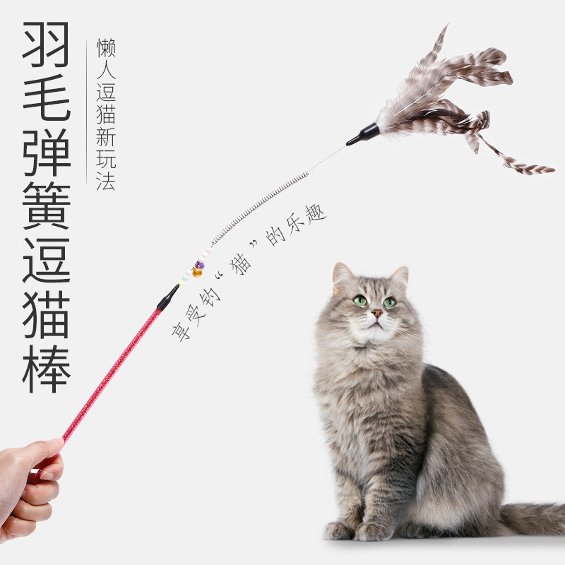 In Stock Wholesale Bags Cat Toy Acrylic Color Stripes Tube + Striped Feather Spring Cat Teaser