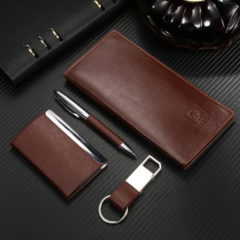 Business card case key ring set leather gift wallet signature pen advertising customization