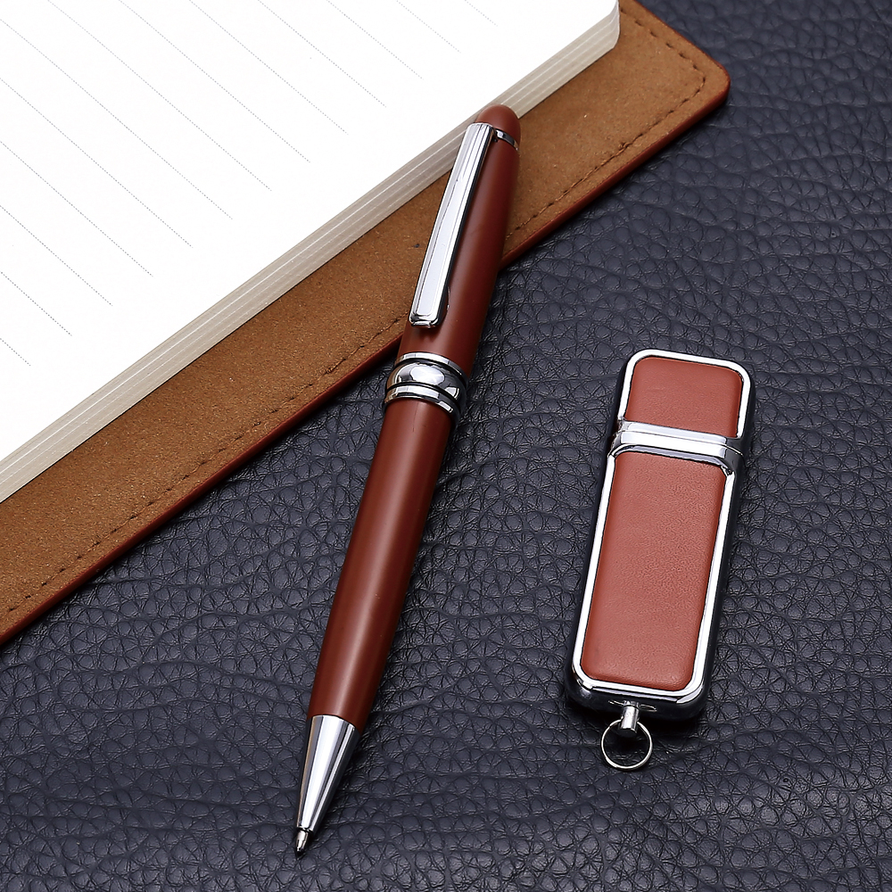 Brown PU Notebook Set Creative Card Case Gift Metal Ball Point Pen Business U Disk Gift Set