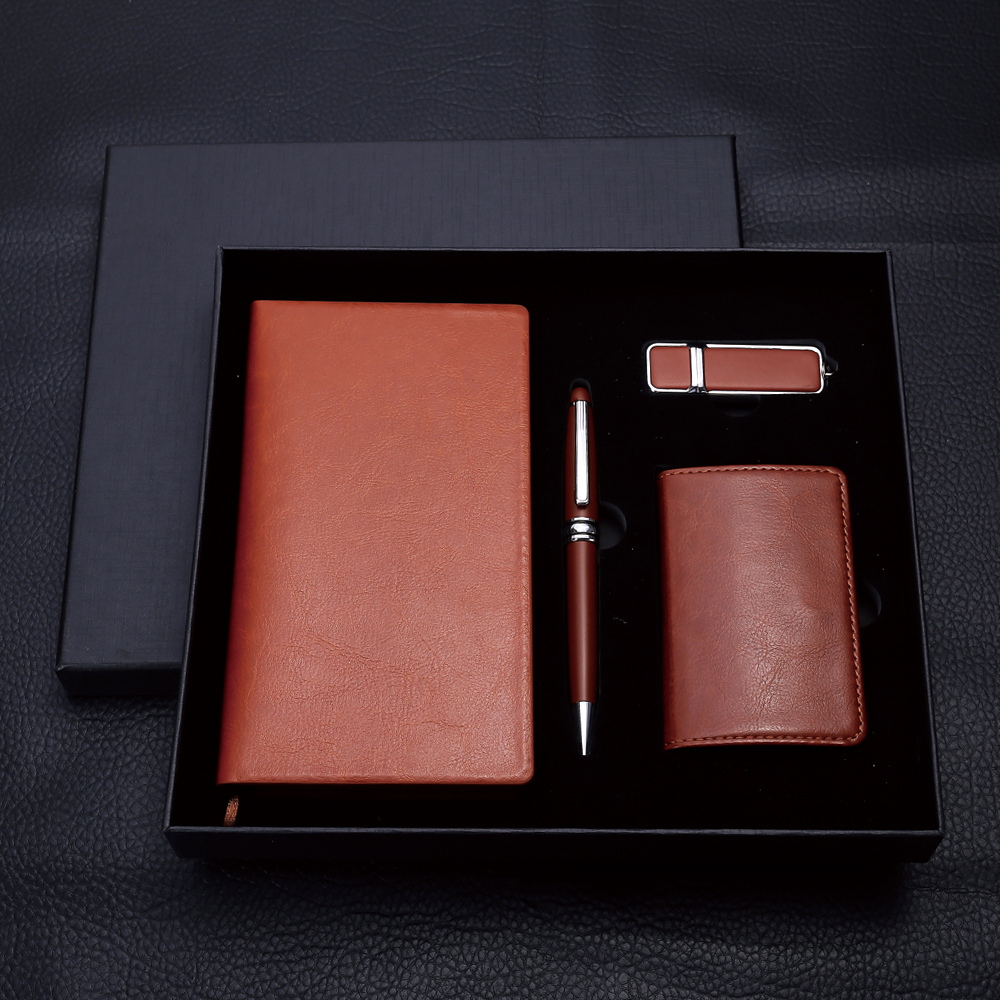 Brown PU Notebook Set Creative Card Case Gift Metal Ball Point Pen Business U Disk Gift Set