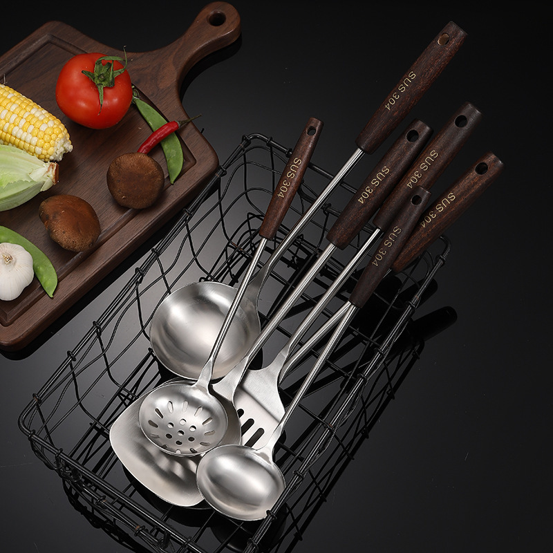 304 Stainless Steel Kitchenware Set Household Spatula with a Wooden Handle Colander Kitchen Cooking Ladel Spatula Wholesale