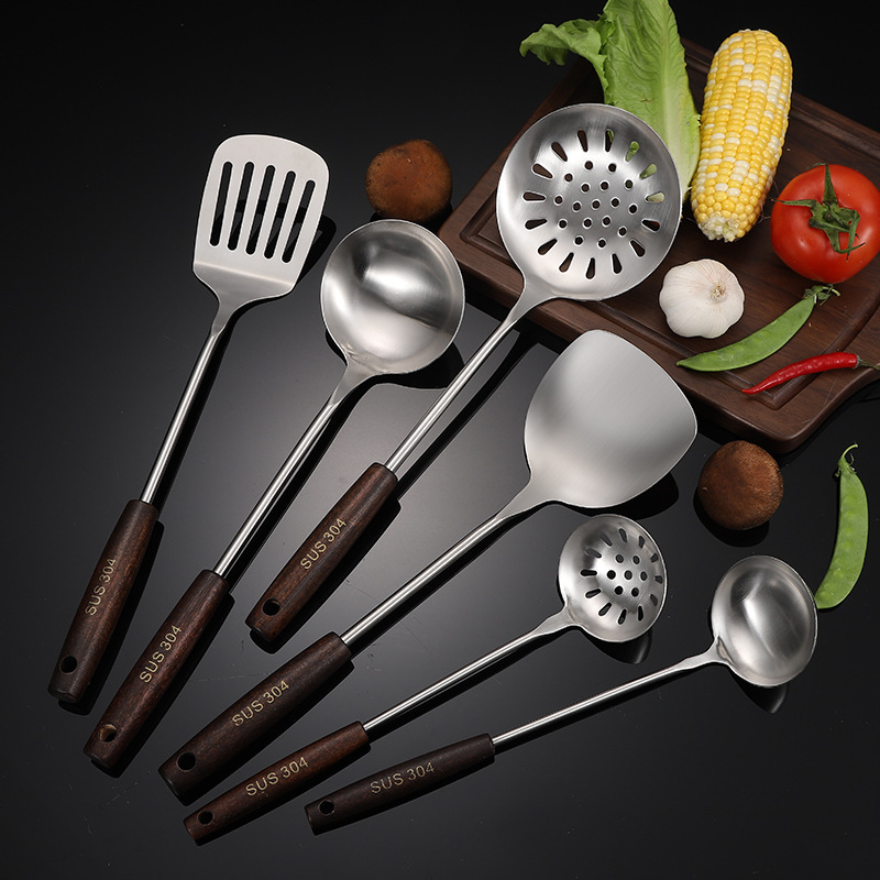 304 Stainless Steel Kitchenware Set Household Spatula with a Wooden Handle Colander Kitchen Cooking Ladel Spatula Wholesale