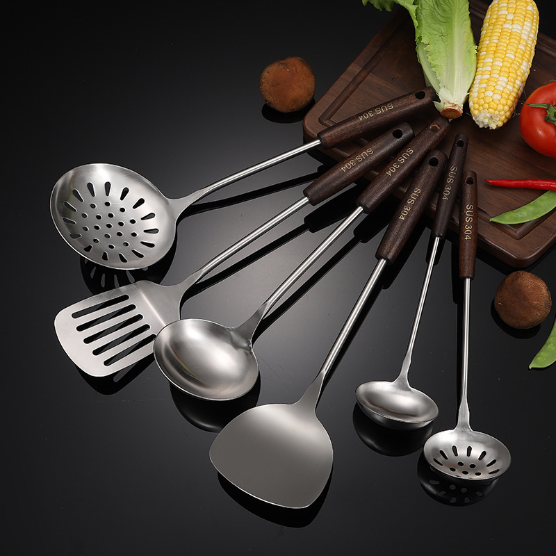 304 Stainless Steel Kitchenware Set Household Spatula with a Wooden Handle Colander Kitchen Cooking Ladel Spatula Wholesale