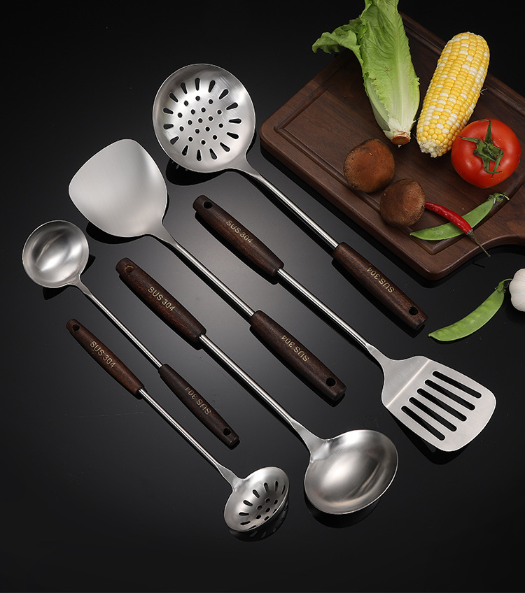 304 Stainless Steel Kitchenware Set Household Spatula with a Wooden Handle Colander Kitchen Cooking Ladel Spatula Wholesale