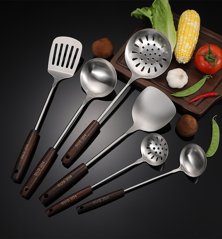 304 Stainless Steel Kitchenware Set Household Spatula with a Wooden Handle Colander Kitchen Cooking Ladel Spatula Wholesale
