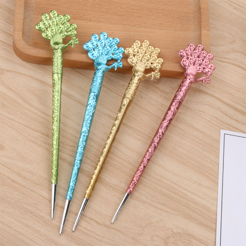 Factory Direct Sales Cute Creative Stationery Cute Female Student Black Carbon Pen Peacock Southeast Flying Hairpin Gel Pen