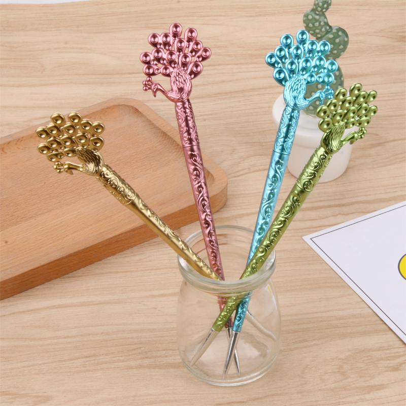 Factory Direct Sales Cute Creative Stationery Cute Female Student Black Carbon Pen Peacock Southeast Flying Hairpin Gel Pen