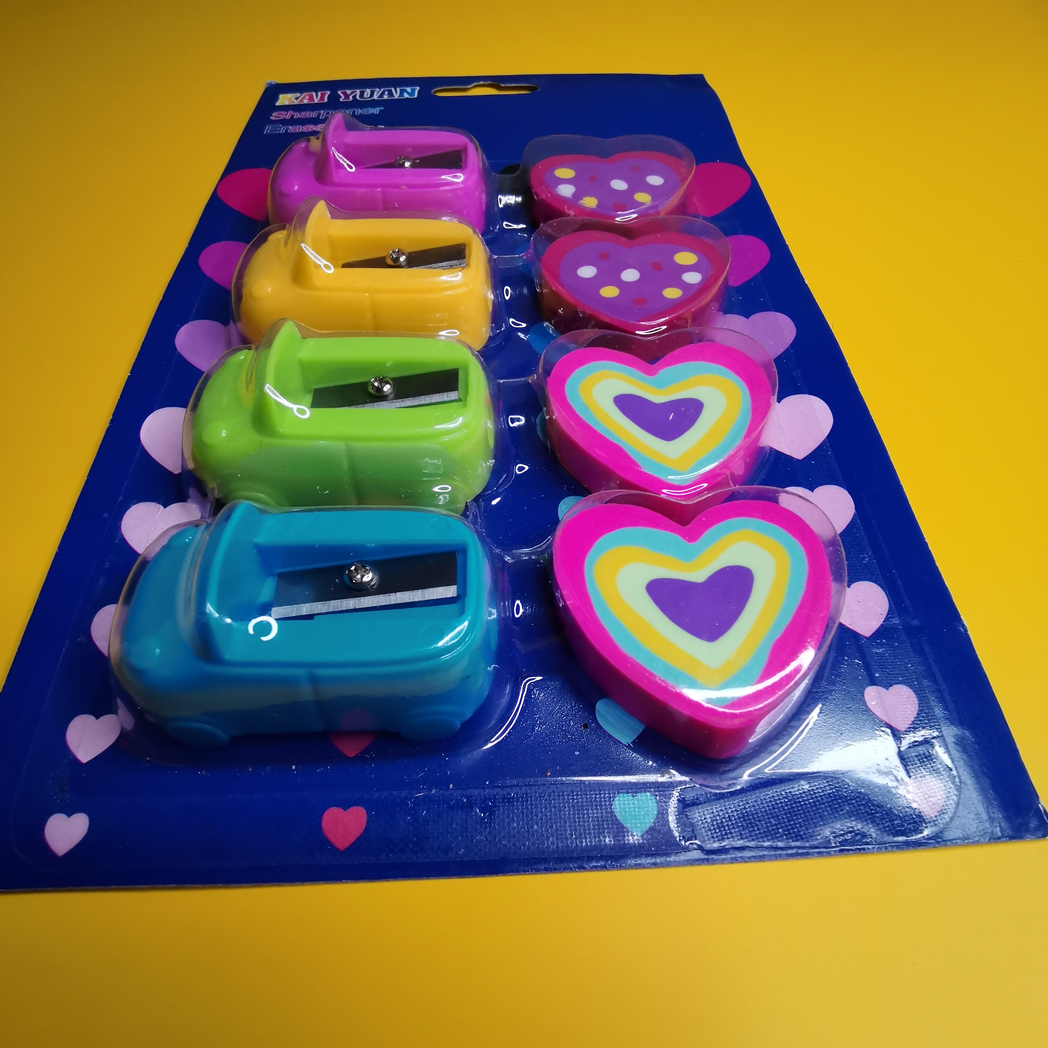 Cartoon car pencil sharpener love rubber suction card set Pupil stationery set Wholesale live tape stationery