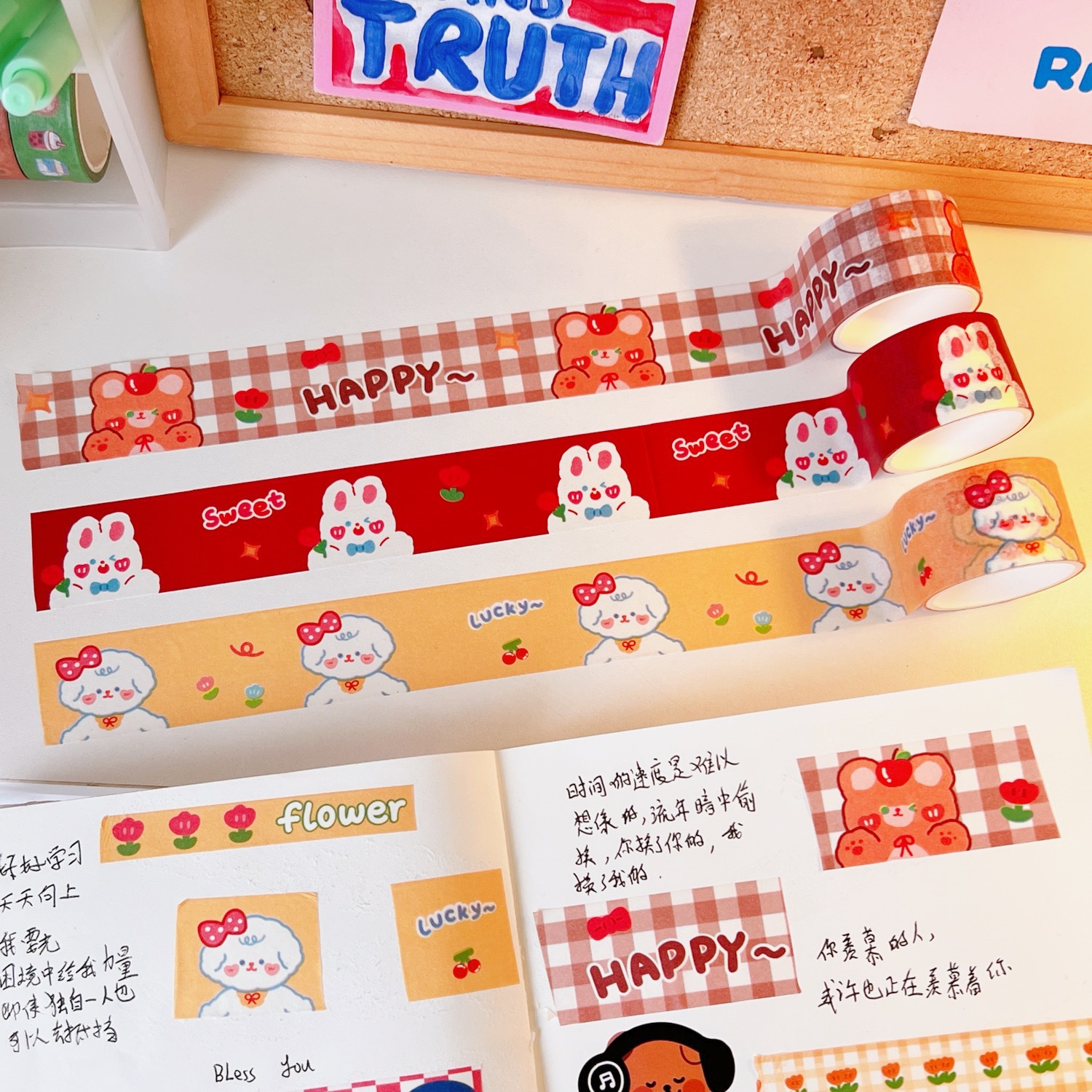 Cartoon Girlish Journal Tape Sticker Set Cute Journal Book Stationery Material Bear and Rabbit Set and Paper Adhesive Tape