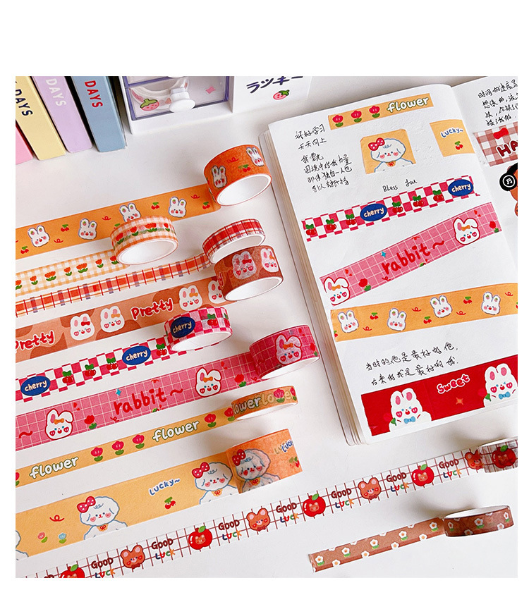 Cartoon Girlish Journal Tape Sticker Set Cute Journal Book Stationery Material Bear and Rabbit Set and Paper Adhesive Tape