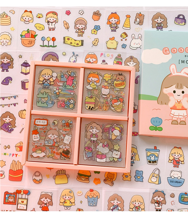 Yilan Cartoon Girl Hand Account Stickers Pet Waterproof Stickers Notebook Gift Box Girl's Hand Account Vacuum Cup Stickers 100 Pieces