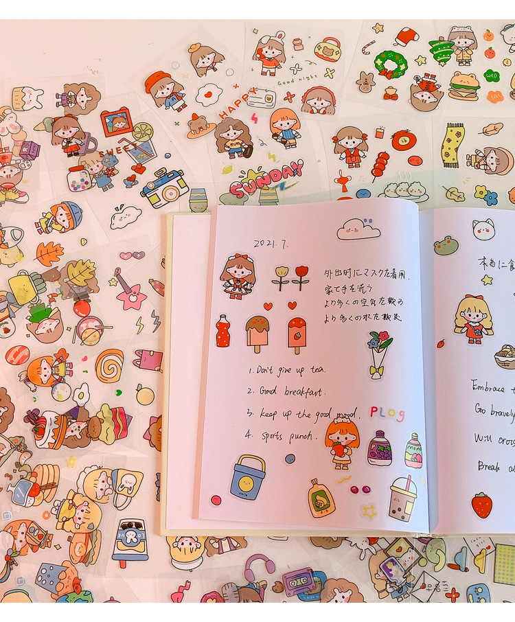 Yilan Cartoon Girl Hand Account Stickers Pet Waterproof Stickers Notebook Gift Box Girl's Hand Account Vacuum Cup Stickers 100 Pieces
