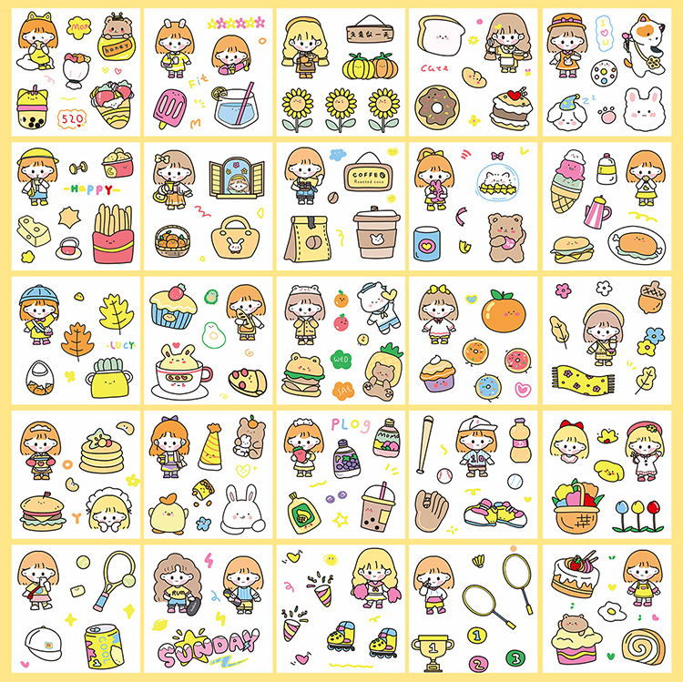 Yilan Cartoon Girl Hand Account Stickers Pet Waterproof Stickers Notebook Gift Box Girl's Hand Account Vacuum Cup Stickers 100 Pieces
