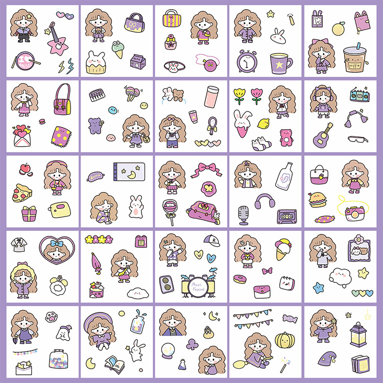 Yilan Cartoon Girl Hand Account Stickers Pet Waterproof Stickers Notebook Gift Box Girl's Hand Account Vacuum Cup Stickers 100 Pieces