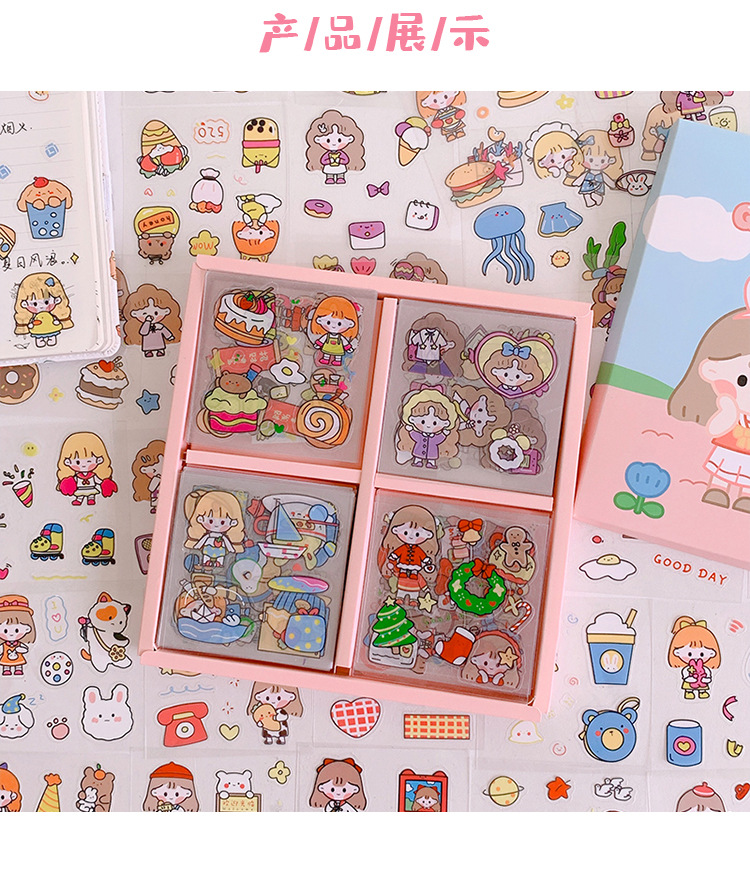 Yilan Cartoon Girl Hand Account Stickers Pet Waterproof Stickers Notebook Gift Box Girl's Hand Account Vacuum Cup Stickers 100 Pieces
