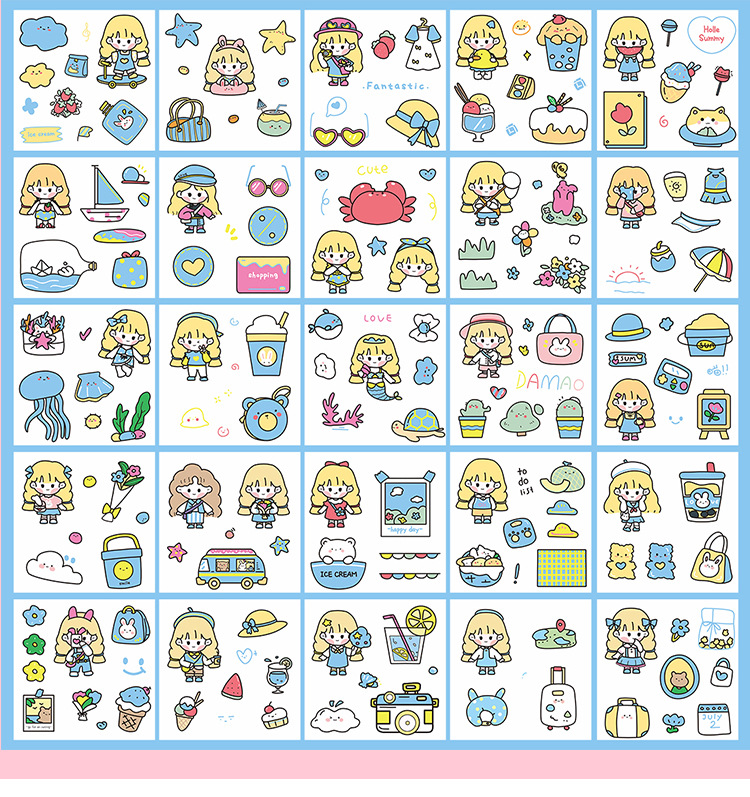 Yilan Cartoon Girl Hand Account Stickers Pet Waterproof Stickers Notebook Gift Box Girl's Hand Account Vacuum Cup Stickers 100 Pieces