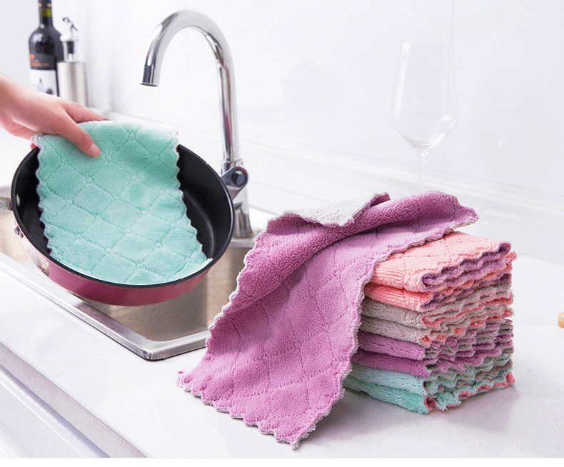 Double-Sided Thickened Dishwashing Cloth Household Kitchen Absorbent Cleaning Cloth Coral Velvet Decontamination Dish Towel