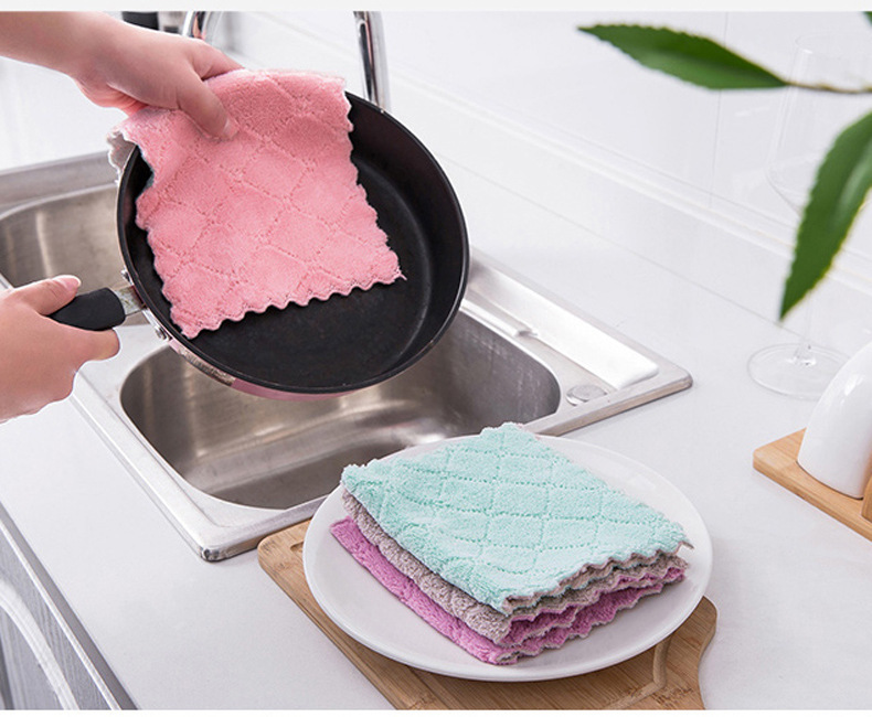Double-Sided Thickened Dishwashing Cloth Household Kitchen Absorbent Cleaning Cloth Coral Velvet Decontamination Dish Towel