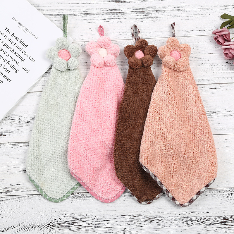 Hanging Hand Towel Coral Fleece Absorbent Flower Kitchen Bathroom Cleaning Towel Lint-Free SUNFLOWER Towel