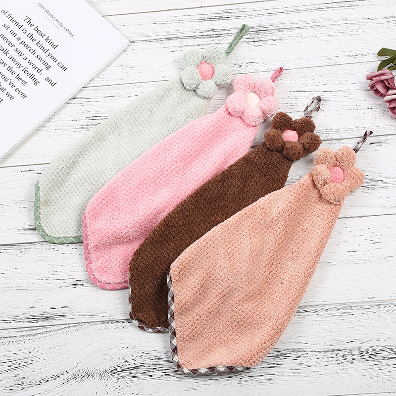 Hanging Hand Towel Coral Fleece Absorbent Flower Kitchen Bathroom Cleaning Towel Lint-Free SUNFLOWER Towel