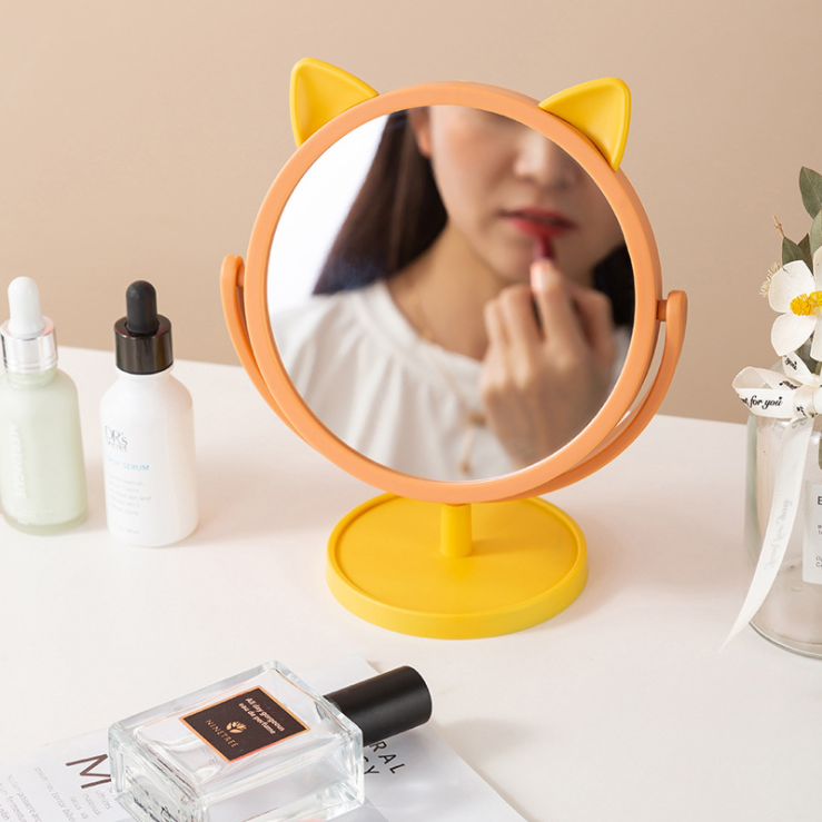 Cartoon round Bottom Cat Ear Cute Makeup Mirror Dormitory Dressing Mirror Desktop Desktop Girl Mirror