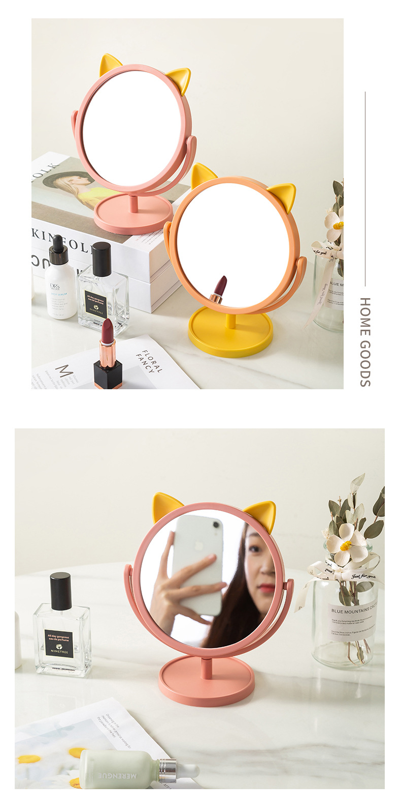 Cartoon round Bottom Cat Ear Cute Makeup Mirror Dormitory Dressing Mirror Desktop Desktop Girl Mirror Cartoon round Bottom Cat Ear Cute Makeup Mirror Dormitory Dressing Mirror Desktop Desktop Girl Mirror
