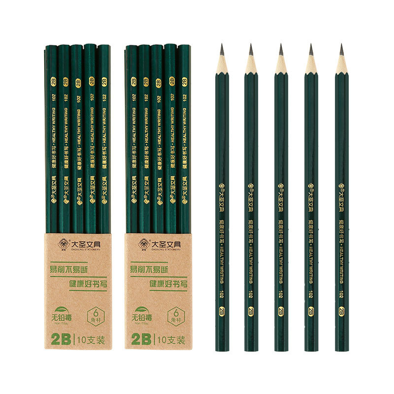 Dasheng 10 Hexagonal Green Rod HB Pencils Non-Lead-Poisonous 2B Exam Drawing Special Wooden Pencils Factory Direct Sales