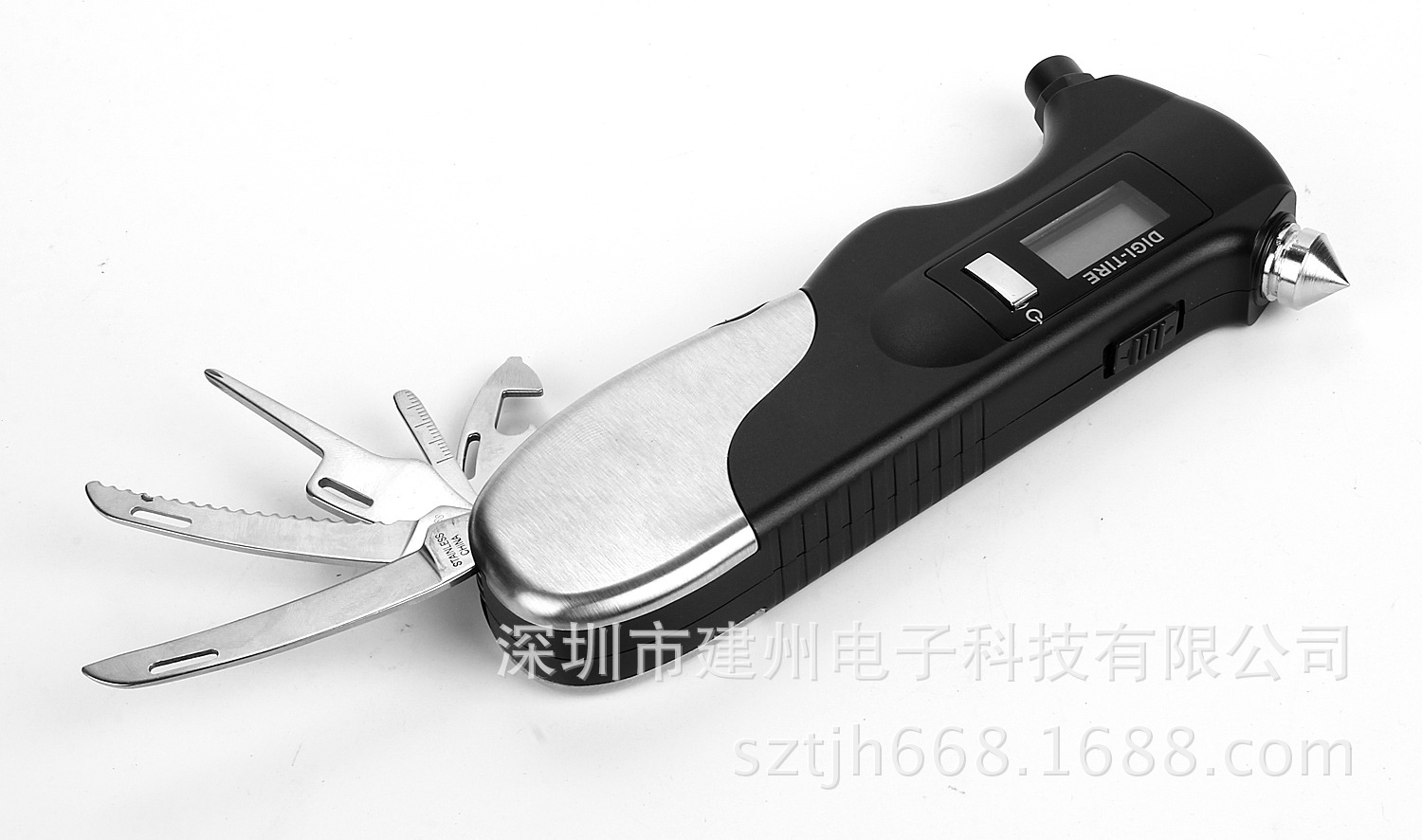 Multi-Purpose Utility Knife Tire Pressure Monitoring Life Hammer Saber Digital Display 9-in-1 Flashlight Lighting Tire Pressure Gauge Source Manufacturer