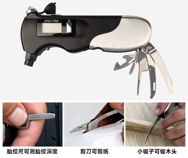 Multi-Purpose Utility Knife Tire Pressure Monitoring Life Hammer Saber Digital Display 9-in-1 Flashlight Lighting Tire Pressure Gauge Source Manufacturer