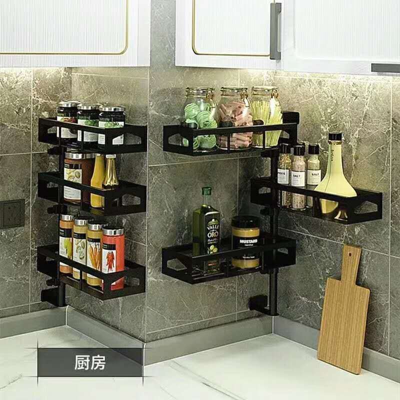 Kitchen racks wall corner seasoning supplies storage rack without holes, stainless steel revolving wall hanging storage racks