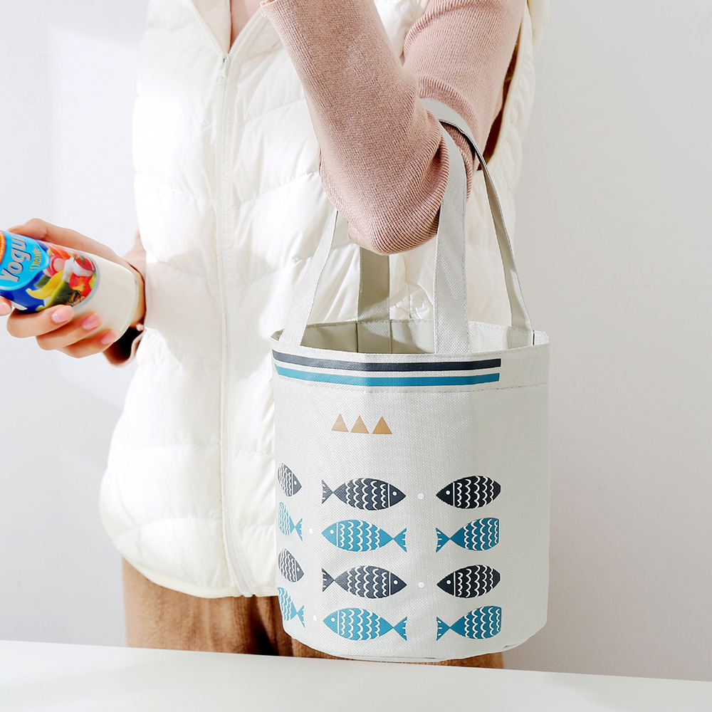 Liancheng New Portable Drawstring Lunch Bag Large Capacity Fresh-Keeping Insulated Lunch Box Bag round Barrel Aluminum Foil Thickening Insulated Bag