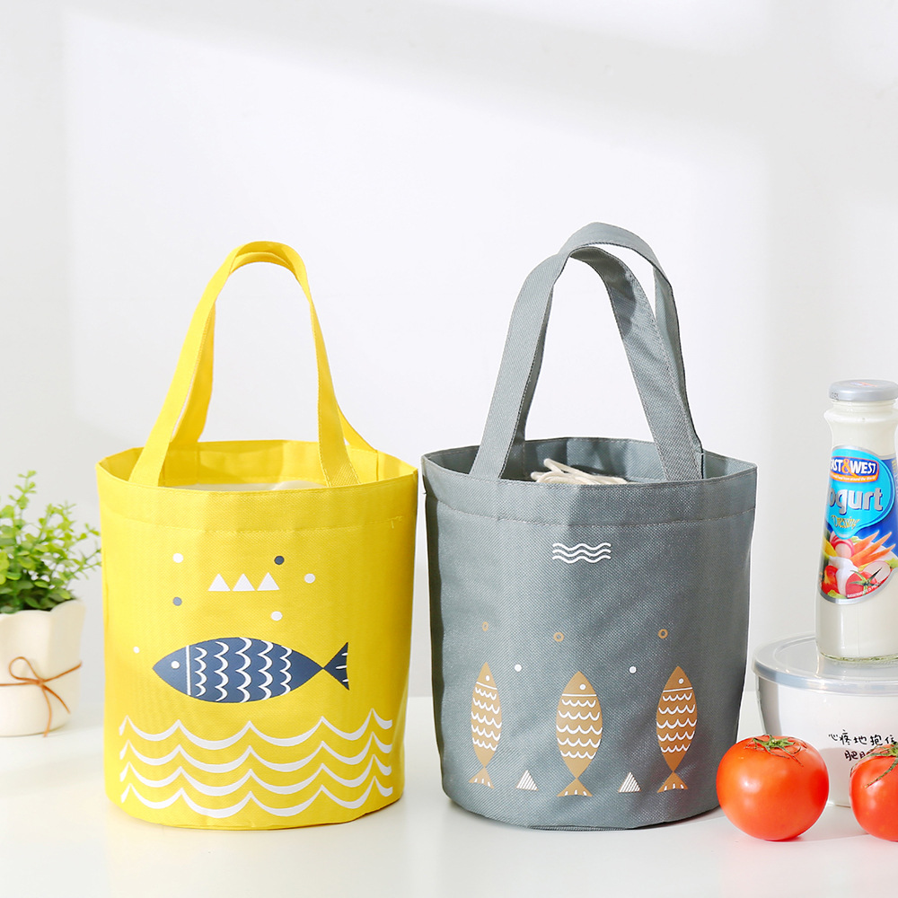 Liancheng New Portable Drawstring Lunch Bag Large Capacity Fresh-Keeping Insulated Lunch Box Bag round Barrel Aluminum Foil Thickening Insulated Bag